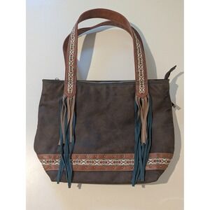 Catchfly Western Boho Faux Suede Tote Bag Brown Turquoise Fringe Embroidered